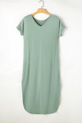 V Neck Hidden Pocket Splits Maxi T-shirt Dress