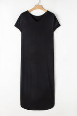 V Neck Hidden Pocket Splits Maxi T-shirt Dress