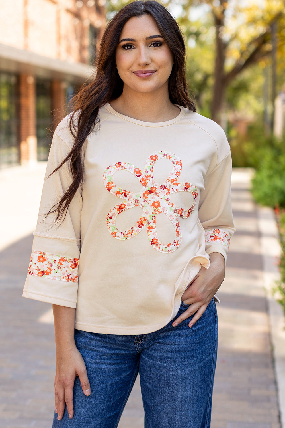 Flower Patch Graphic Exposed Seam Wide Sleeve Top