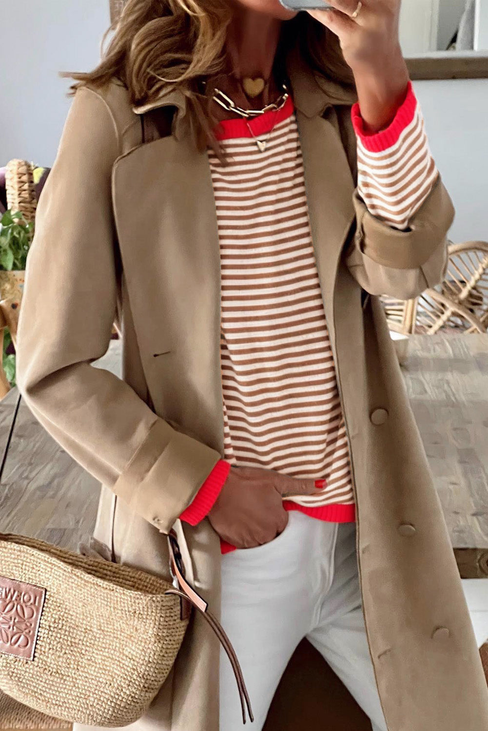 Contrast Trimmed Striped Drop Shoulder Sweater