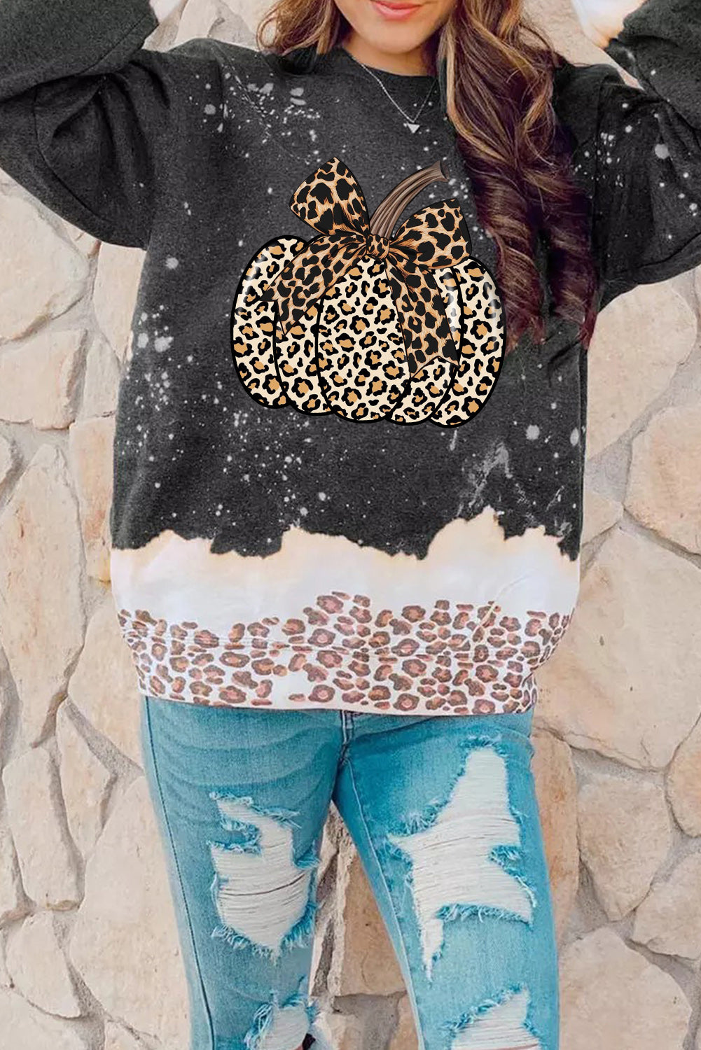 Bow Pumpkin Leopard Bleached Pullover Sweatshirt