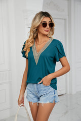 Gold lace V-Neck Tile Short Sleeve Solid Color T-Shirt top