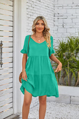 Summer Casual V-neck Babydoll Three-layer Pleated Dress