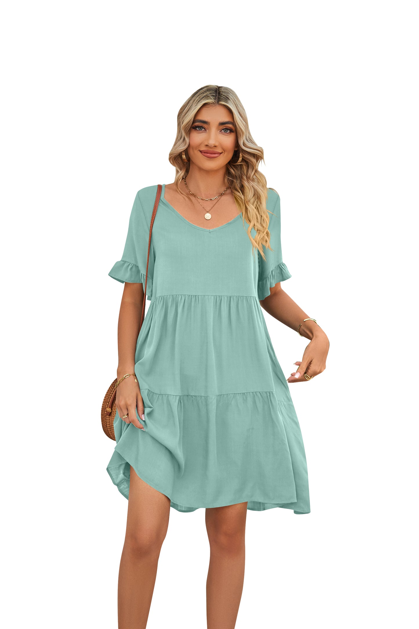 Summer Casual V-neck Babydoll Three-layer Pleated Dress