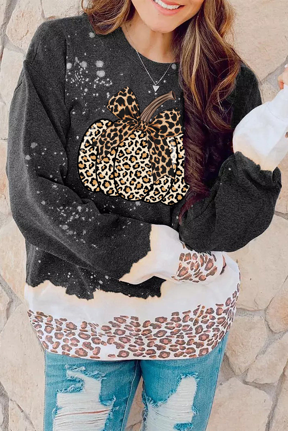 Bow Pumpkin Leopard Bleached Pullover Sweatshirt