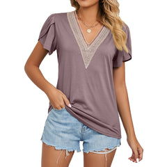 Gold lace V-Neck Tile Short Sleeve Solid Color T-Shirt top