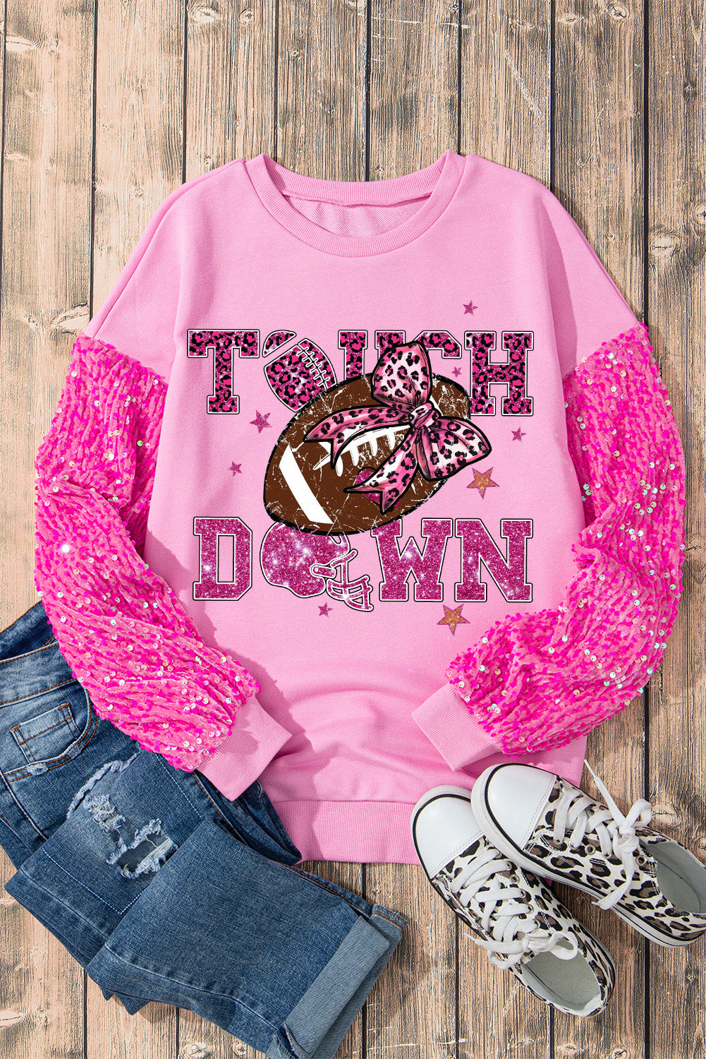 Pink Sequin Patchwork Bow Rugby Long Sleeve Pullover