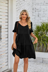 Summer Casual V-neck Babydoll Three-layer Pleated Dress