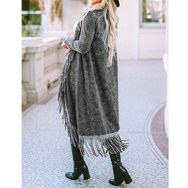 Black Fringed Hem Pocketed Open Cardigan