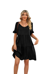 Summer Casual V-neck Babydoll Three-layer Pleated Dress