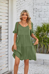 Summer Casual V-neck Babydoll Three-layer Pleated Dress