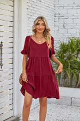 Summer Casual V-neck Babydoll Three-layer Pleated Dress