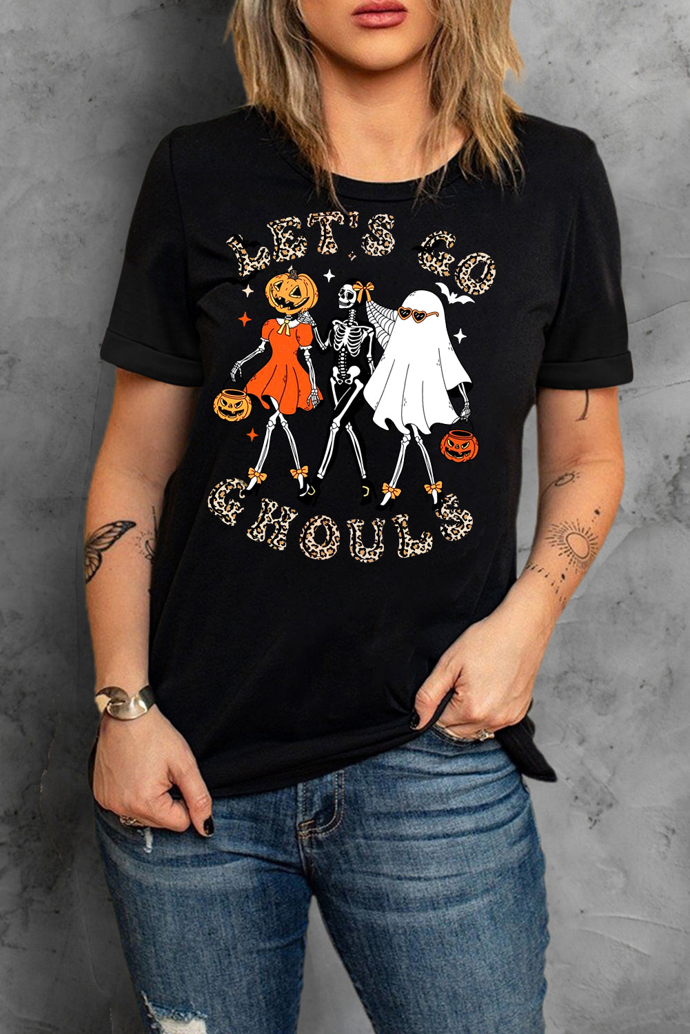 Halloween Pumpkin Skull Plain Crew Neck T-Shirt