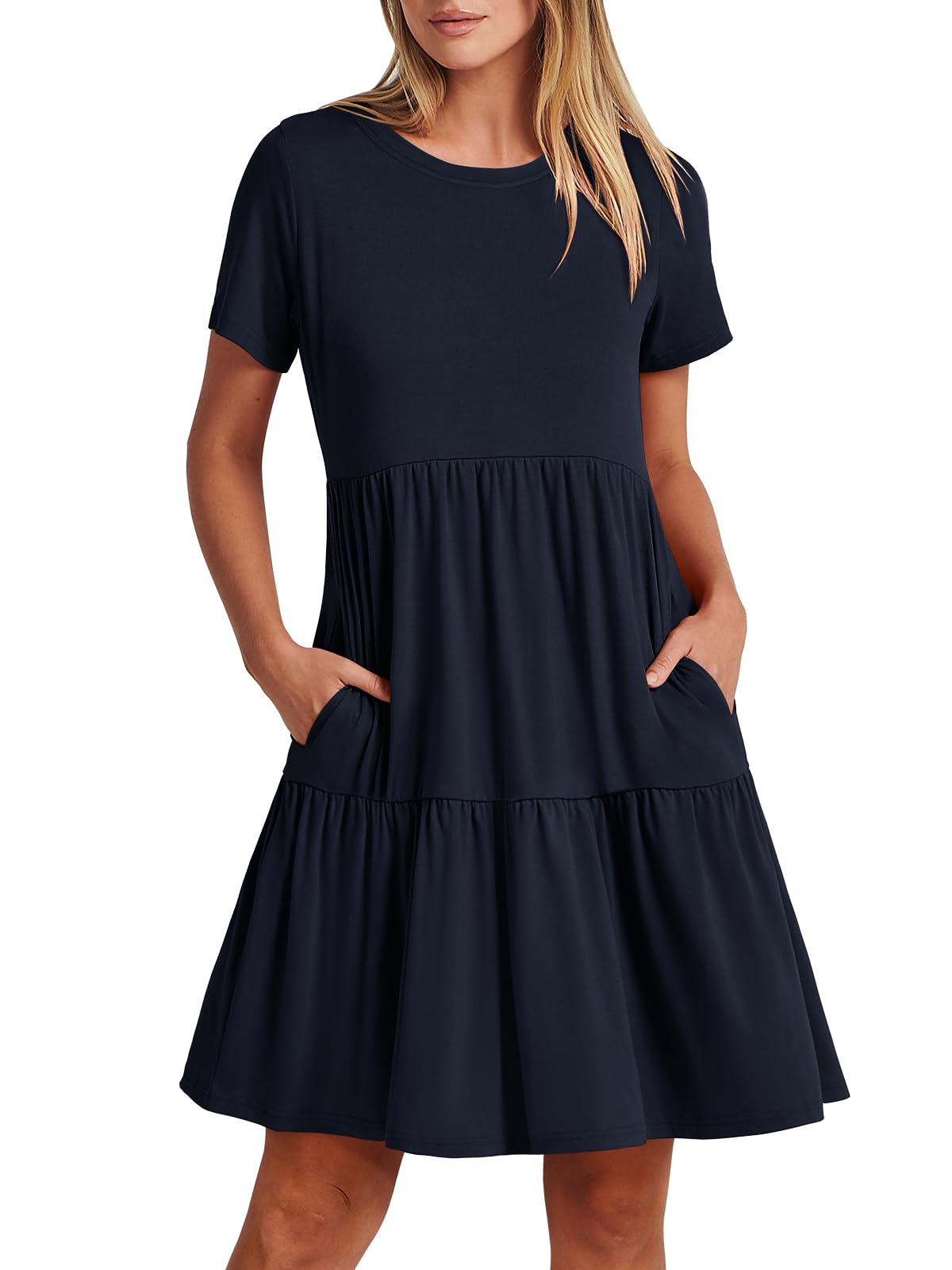 Round Neck Solid Color Loose Short Flowing Pleated Dress