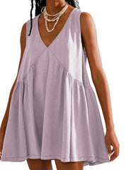 Summer Casual V Neck Sleeveless Solid Color Mini Dress