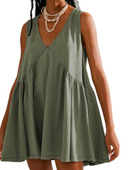 Summer Casual V Neck Sleeveless Solid Color Mini Dress