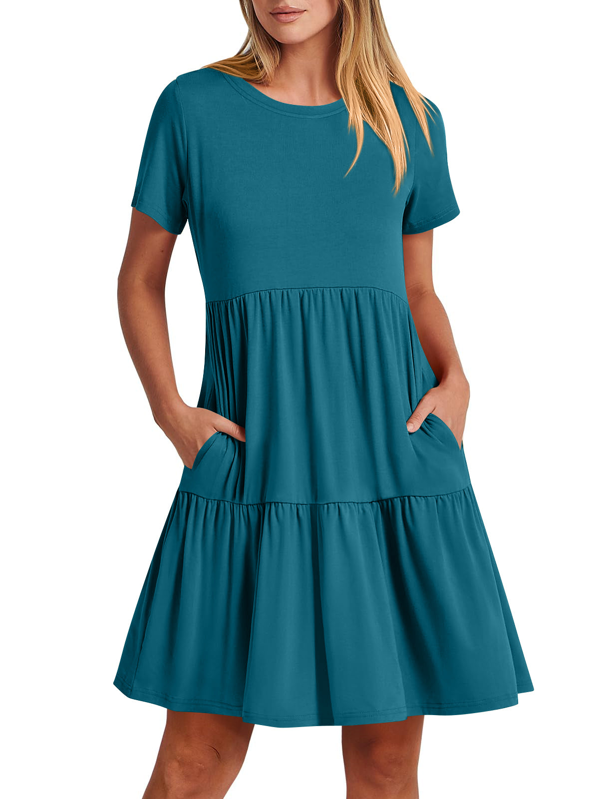 Round Neck Solid Color Loose Short Flowing Pleated Dress