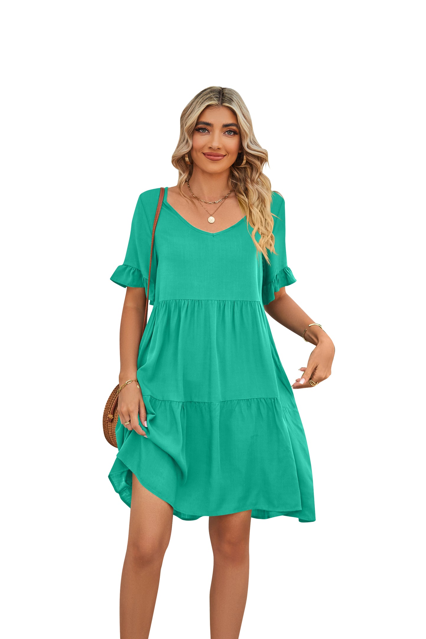 Summer Casual V-neck Babydoll Three-layer Pleated Dress