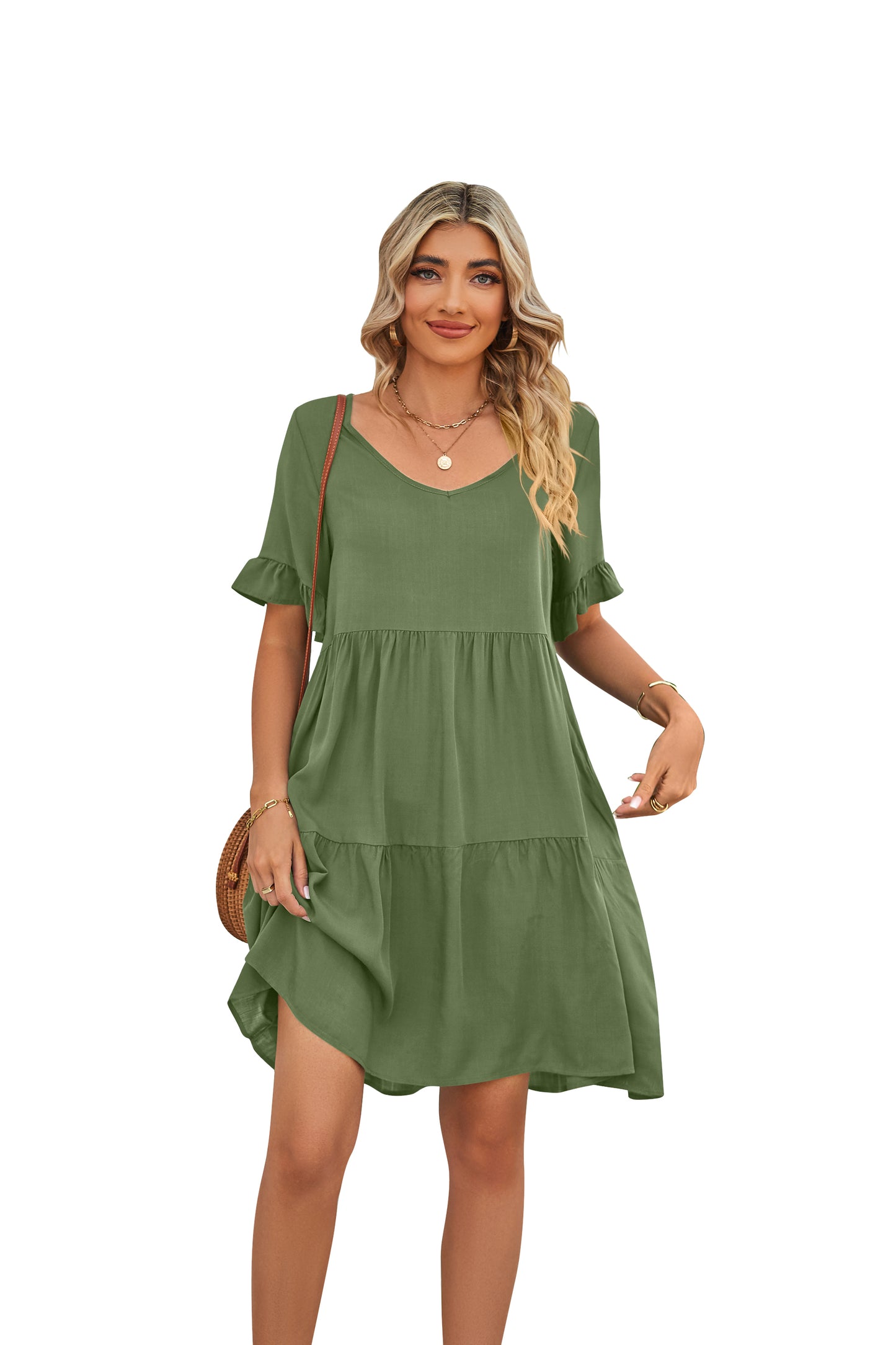 Summer Casual V-neck Babydoll Three-layer Pleated Dress