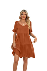 Summer Casual V-neck Babydoll Three-layer Pleated Dress