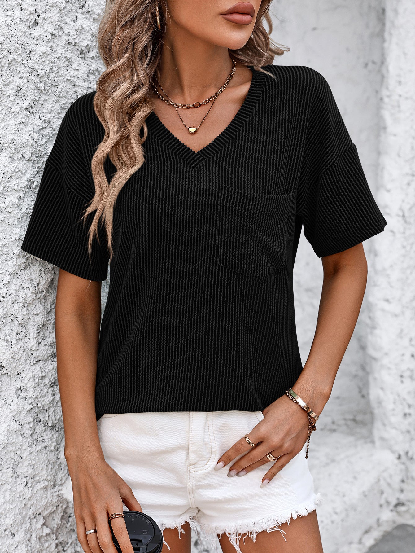 V Neck Casual Strip Short Sleeve Knit Top With Pockets