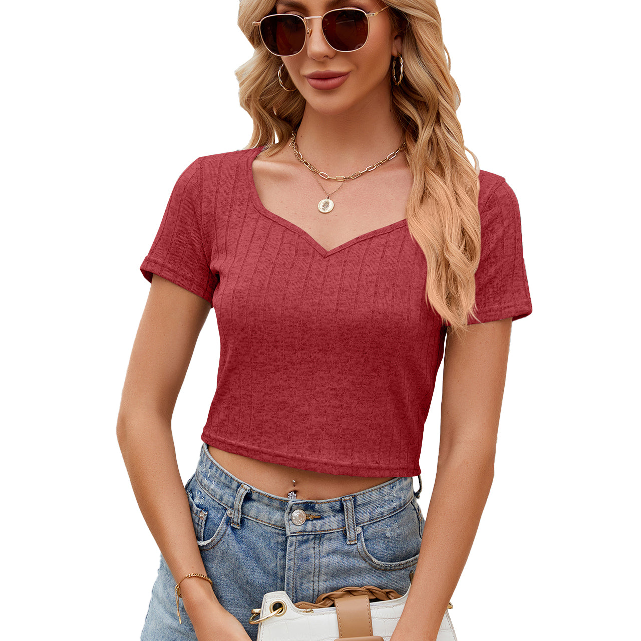 Ribbed Fitted Shirt Basic V Neck Slim T Shirt Tops