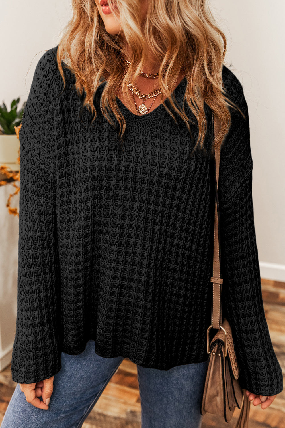 Hollow-out Crochet V Neck Sweater