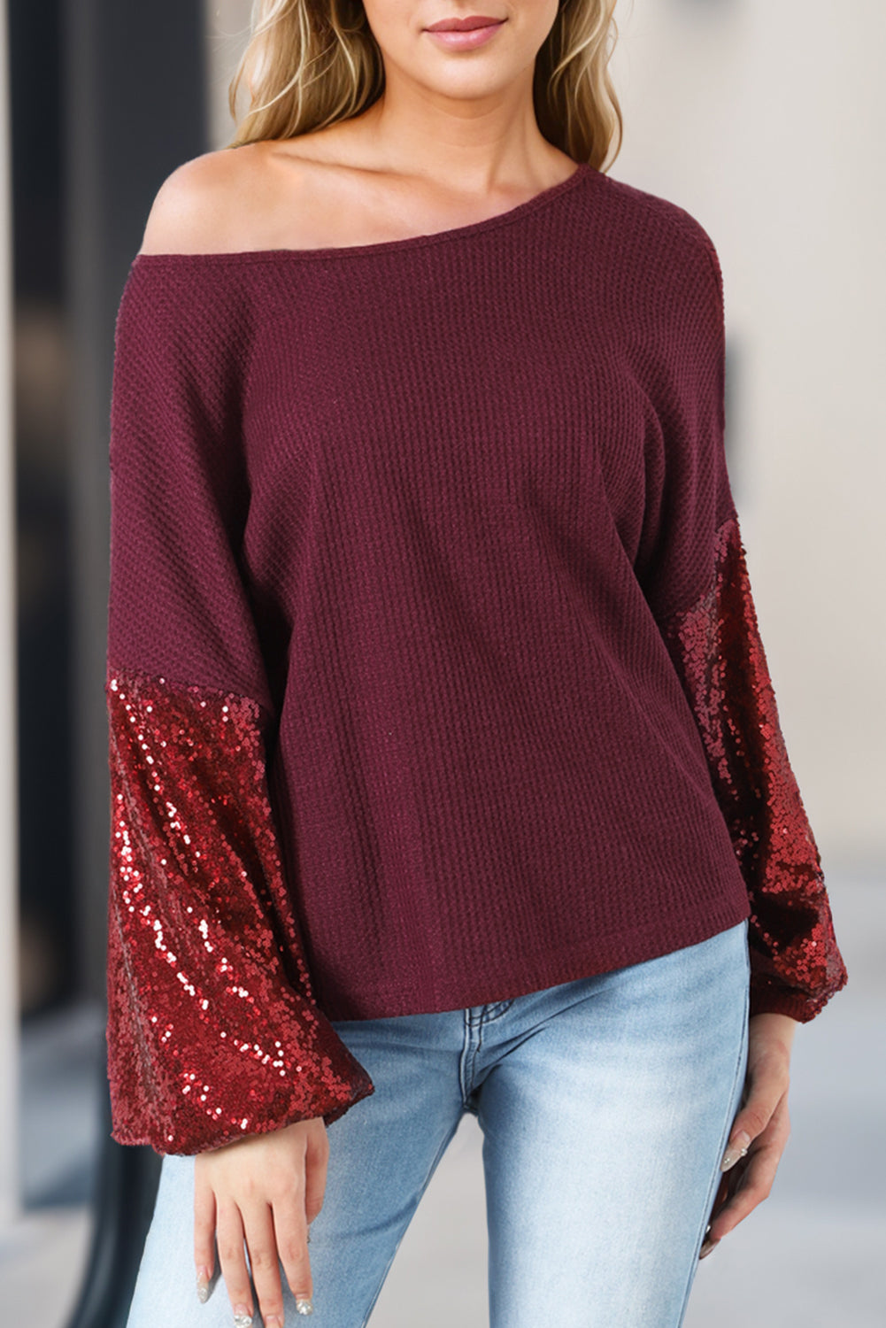 Biking Red Sequin Patchwork Sleeve Open Back Waffle Knit Top