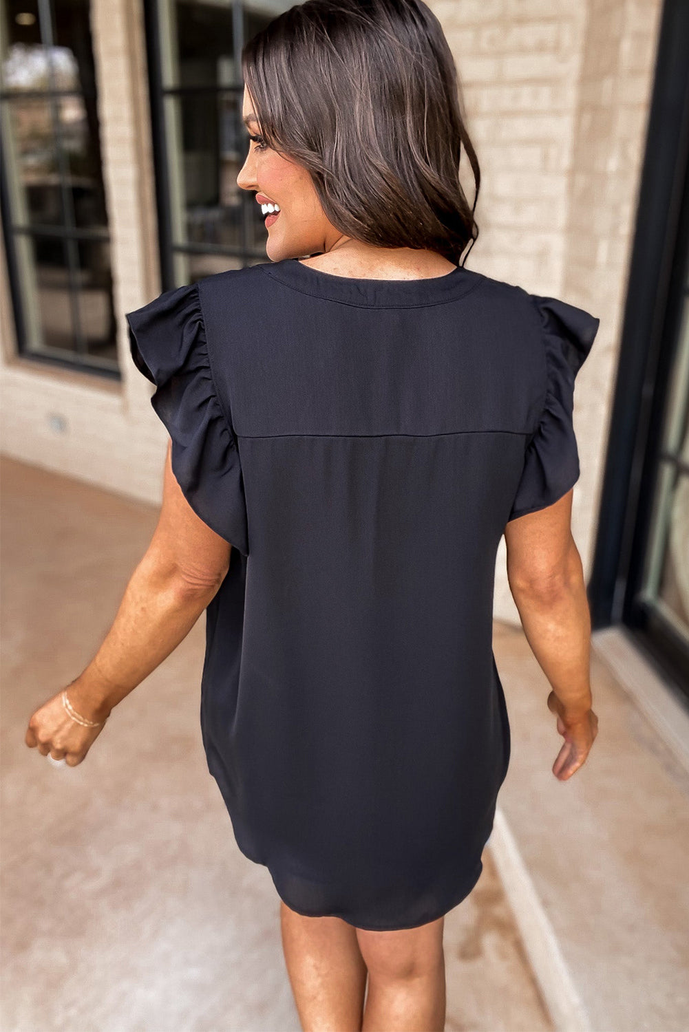 Notched Neck Ruffle Sleeve Blouse