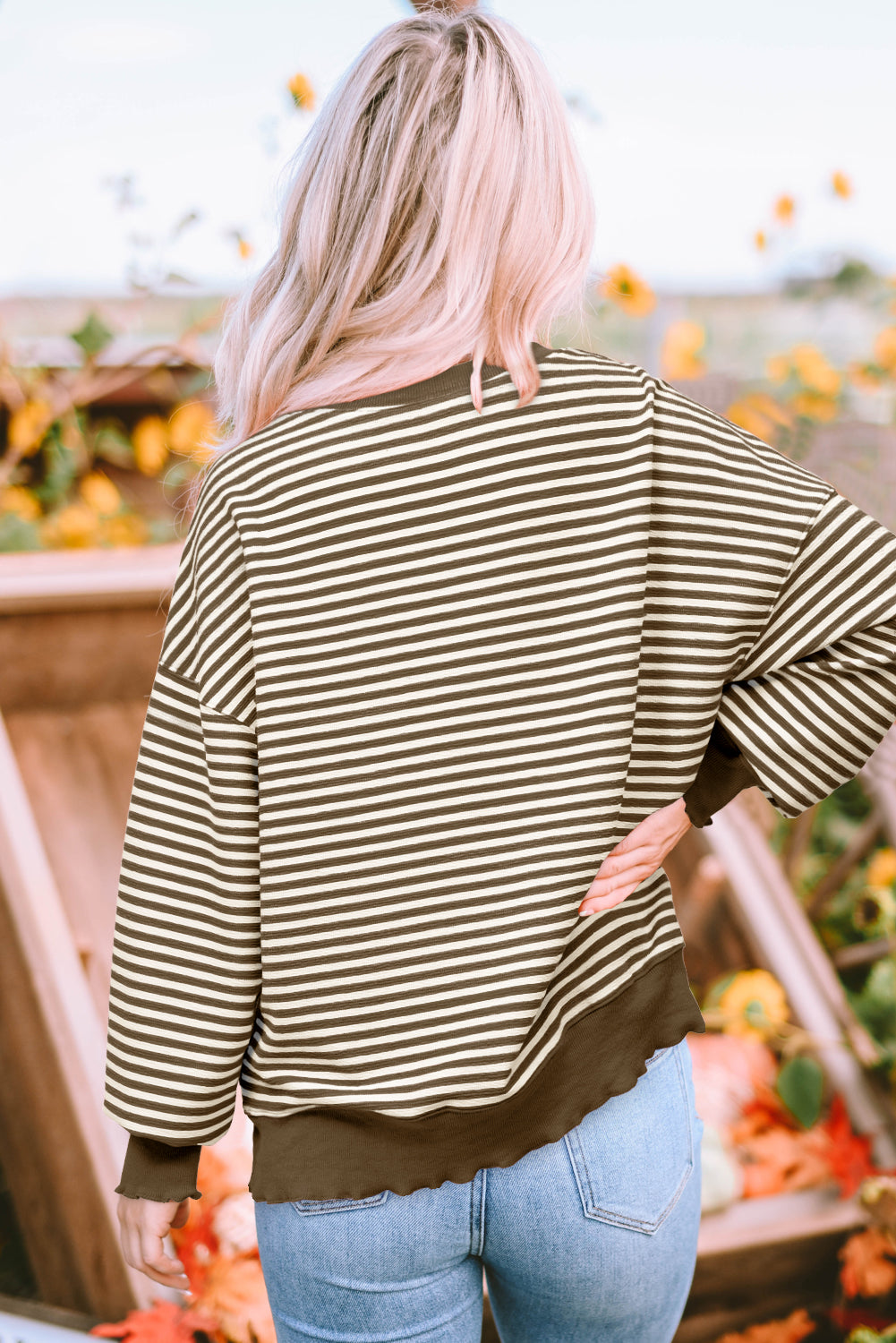 Solid Color Stripe Loose Drop Shoulder Long Sleeve Top