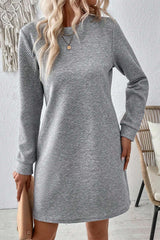 Solid Color Textured Long Sleeve Shift Dress