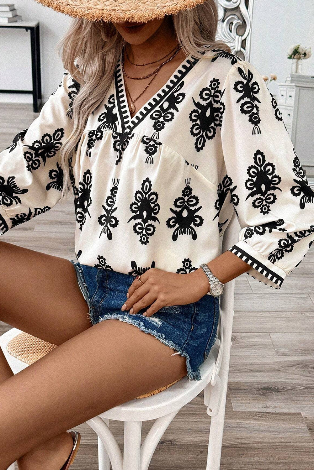 Vintage Geometric Printed 3/4 Sleeve V Neck Blouse