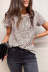 Apricot Cheetah Print O-neck Short Sleeve T Shirt