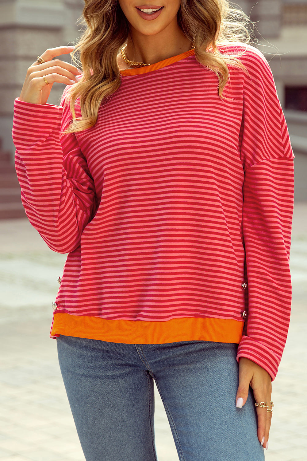 Two Tone Striped Side Buttons Drop Shoulder Top