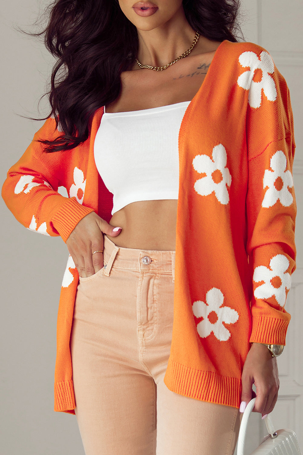 Floral Print Knitted Open Front Loose Cardigan