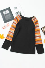 Orange Geo Print Raglan Patchwork Long Sleeve Tee