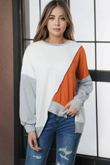 Khaki Colorblock Stitching Irregular Hem Long Sleeve Top