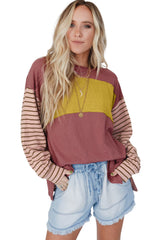 Red Colorblock Striped Bishop Sleeve Top