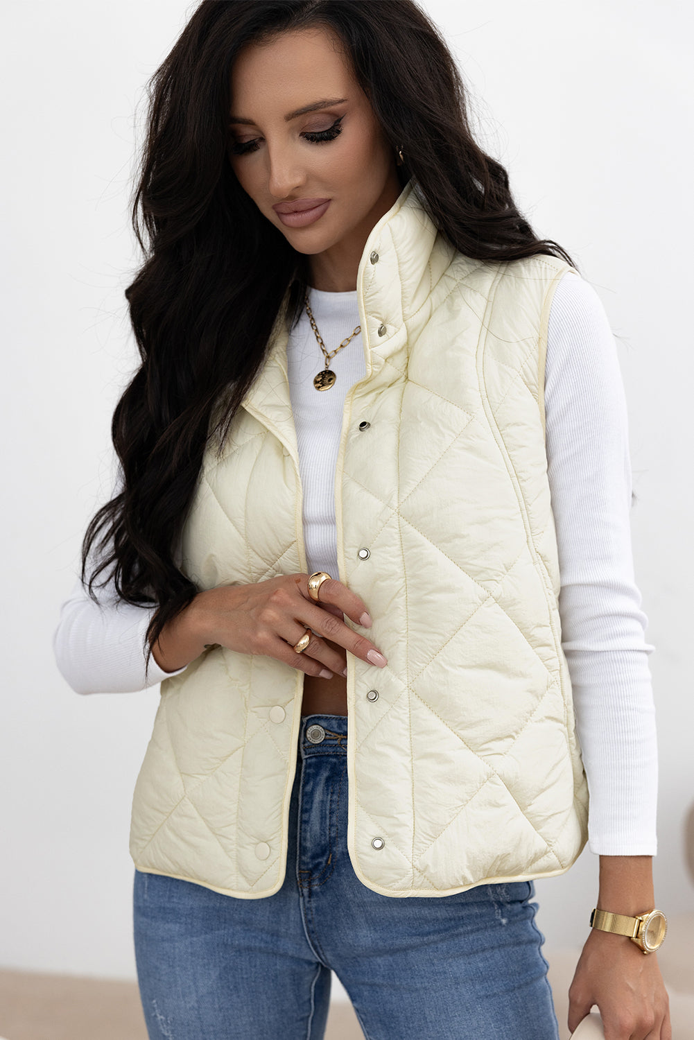 Solid Color Quilted High Neck Button Up Pocket Vest Coat