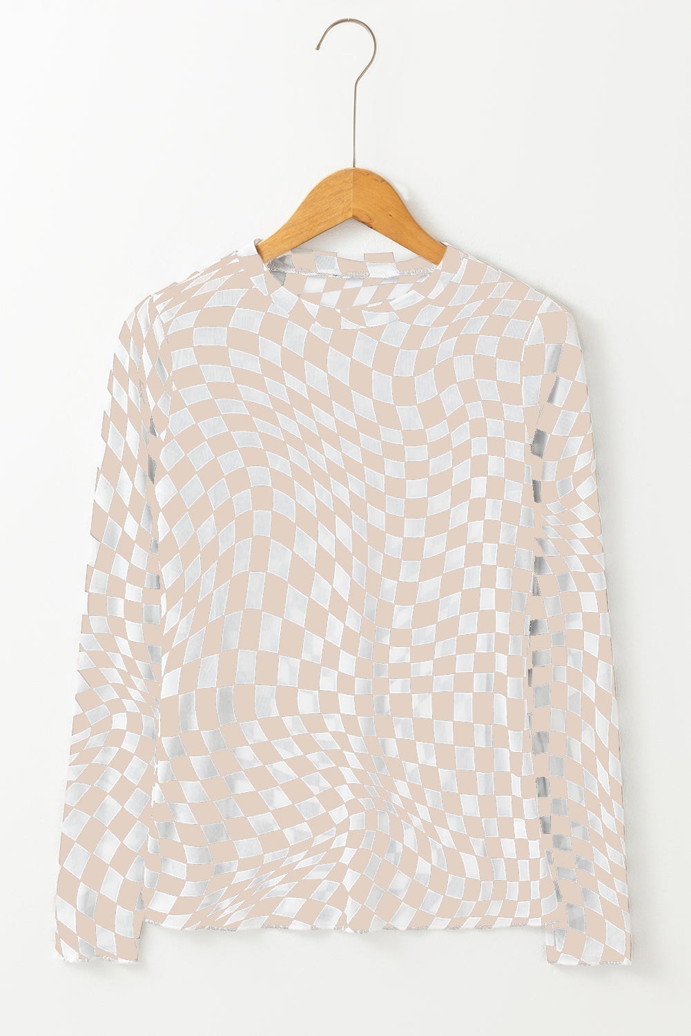 Rose Checkered Pattern Mesh Mock Neck Long Sleeve Top