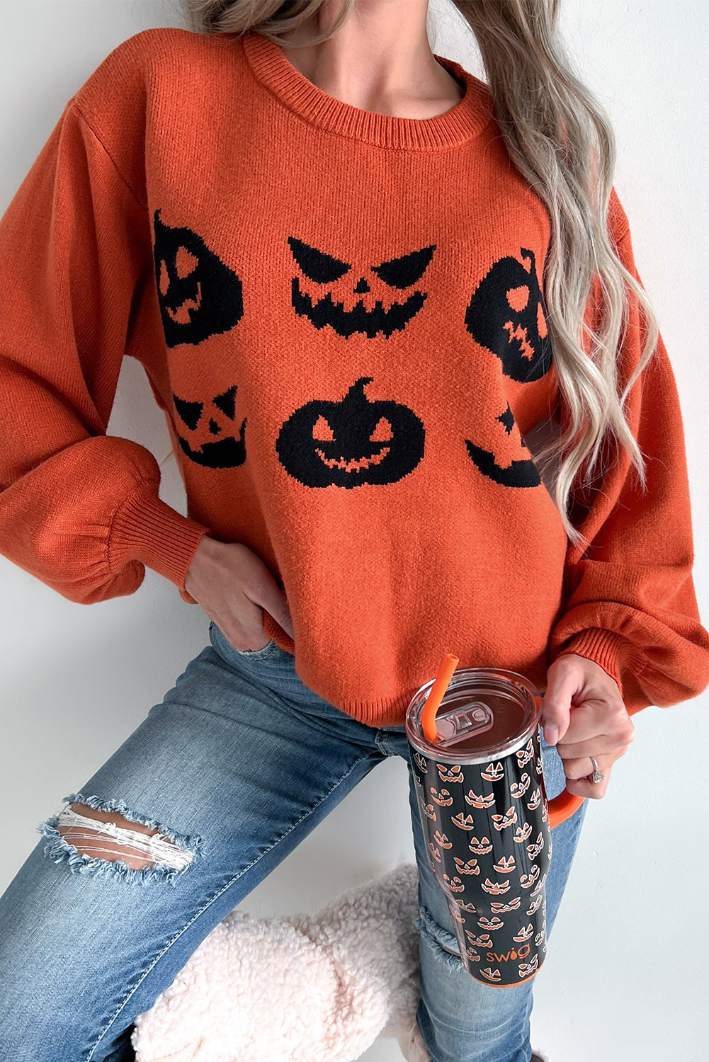 Orange Halloween Pumpkin Face Pattern Drop Shoulder Sweater