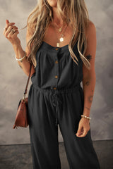 Women's Knotted Straps Button Textured Drawstring Jumpsuit