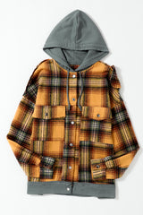 Plaid Patch Hooded Frayed Snap Button Jacket