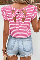 Stripe Butterfly Sleeve V Neck Hollowed Knot Back T Shirt