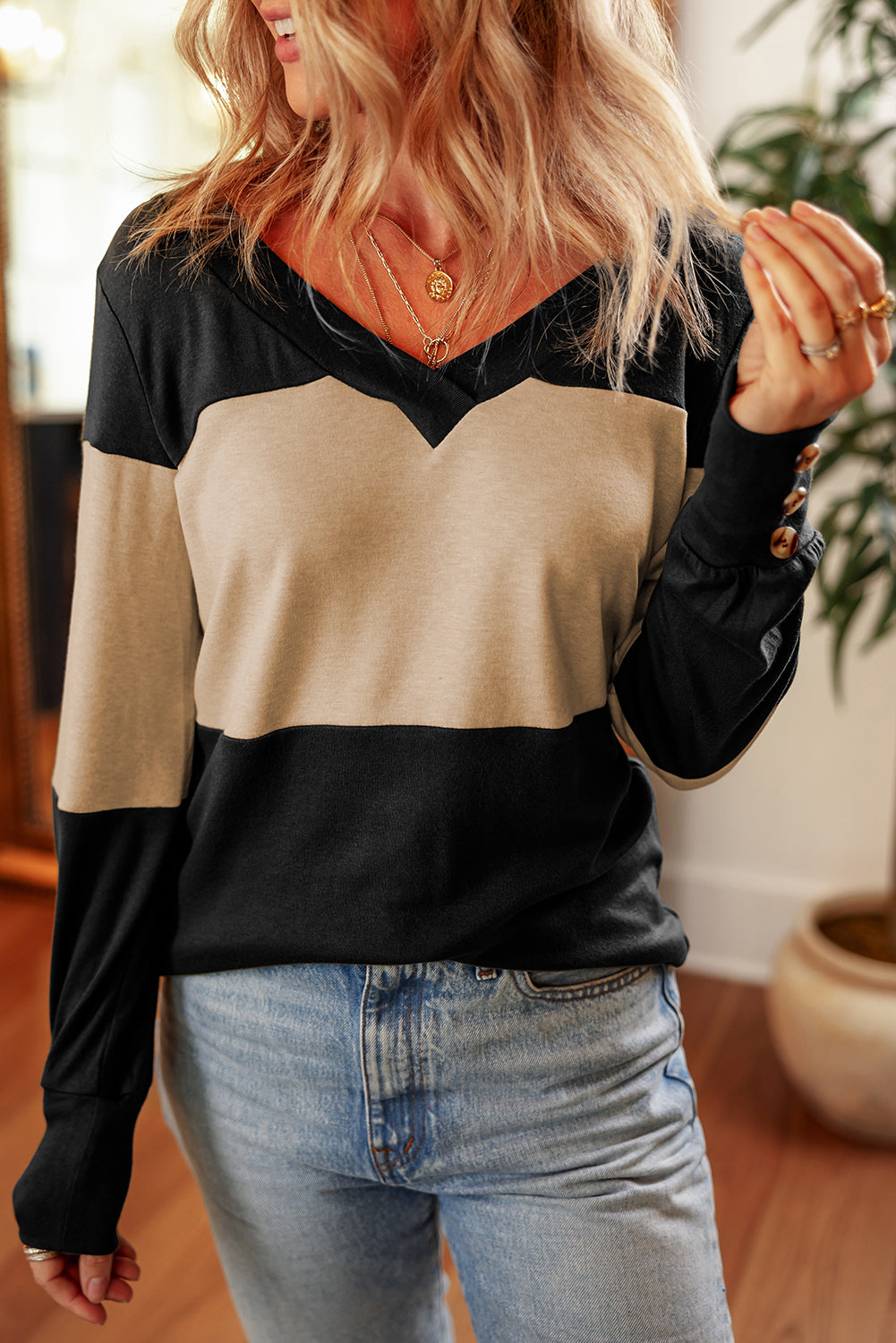 Stripe Colorblock Button Decor Long Sleeve V Neck Top