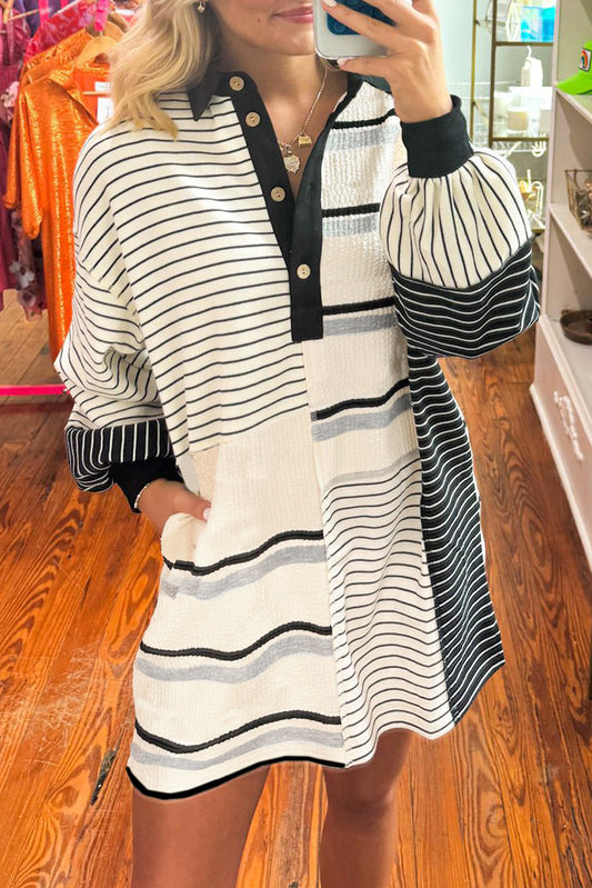 Stripe Colorblock Knit Henley Collar Shift Long Sleeve Mini Dress