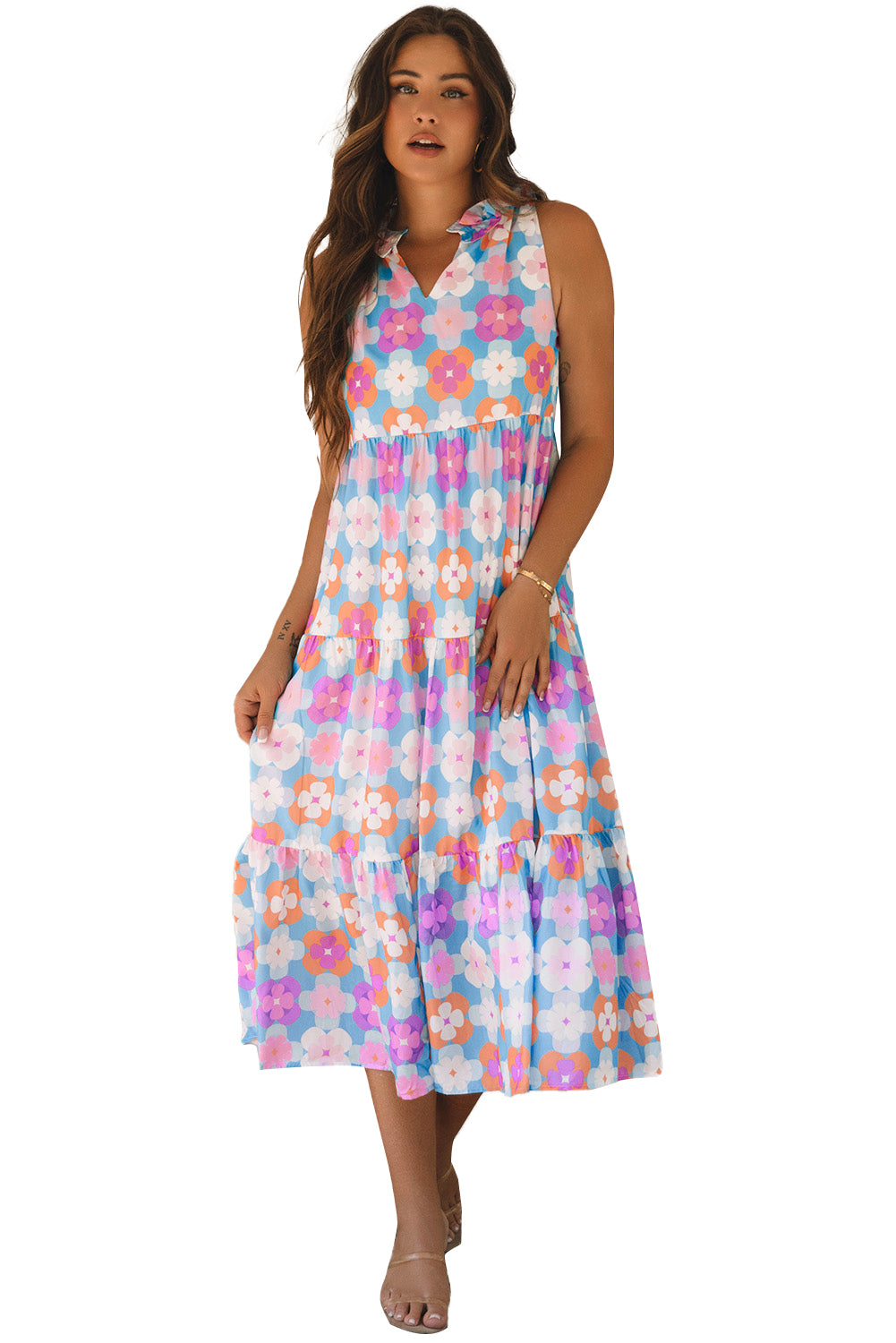 Floral Print Frilly Neck Sleeveless Tiered Maxi Dress