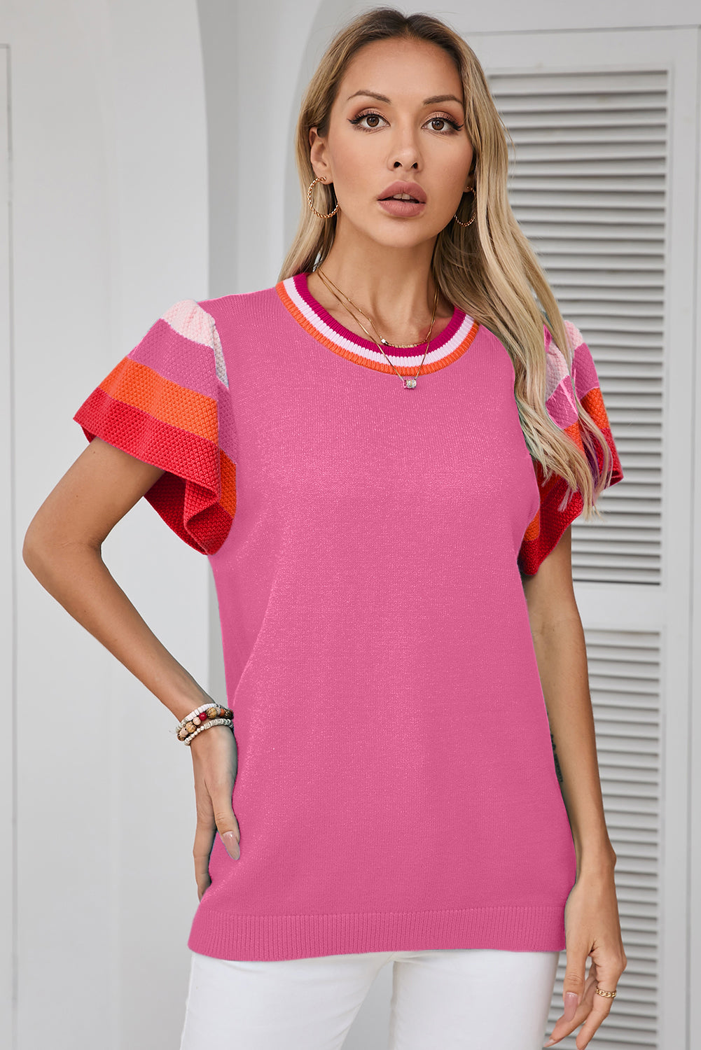 Multicolor Flutter Sleeves Knitted Sweater T Shirt