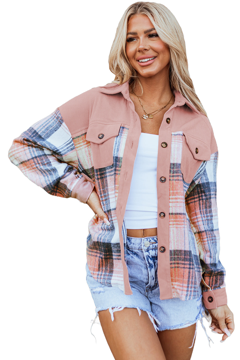 Light Pink Plaid Corduroy Patchwork Chest Pocket Shacket