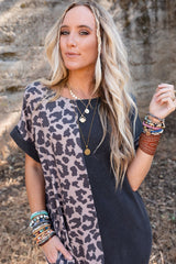 Black Leopard Short Sleeve T-shirt Dress with Slits